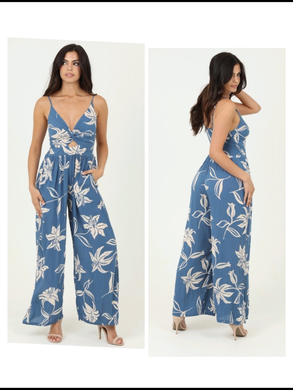 Angie Blue Floral Wide-Leg Jumpsuit with Cream Print